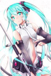 Rule 34 | 1girl, akino coto, aqua eyes, aqua hair, blouse, bridal gauntlets, cable, center opening, closed mouth, cowboy shot, elbow gloves, gloves, hatsune miku, hatsune miku (append), holding, holding staff, long hair, navel, necktie, shirt, sleeveless, sleeveless shirt, solo, staff, twintails, very long hair, vocaloid, vocaloid append, white shirt