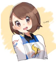 Rule 34 | 1girl, blush, bob cut, brown eyes, brown hair, collared shirt, commentary request, creatures (company), eyelashes, game freak, gloria (pokemon), gym challenge uniform, head tilt, highres, looking at viewer, nintendo, open mouth, pokemon, pokemon swsh, ririmon, shirt, sketch, smile, solo, teeth, tongue, upper body