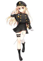 Rule 34 | 1girl, arm up, asymmetrical clothes, asymmetrical legwear, belt, belt buckle, black belt, black capelet, black footwear, black hat, black jacket, black skirt, blonde hair, blush, boots, buckle, capelet, closed mouth, commentary request, copyright request, cross-laced footwear, full body, garter straps, glint, gloves, hair between eyes, hat, head tilt, highres, jacket, lace-up boots, leg belt, loading (verjuice), long hair, long sleeves, official art, peaked cap, pleated skirt, red eyes, saber (weapon), salute, simple background, single glove, single thighhigh, skirt, smile, solo, standing, standing on one leg, star (symbol), sword, thighhighs, thighhighs under boots, transparent background, uneven legwear, very long hair, weapon, white background, white gloves, white thighhighs