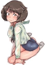 Rule 34 | 10s, 1girl, abaratani kurou, akiyama yukari, arm support, black neckerchief, black one-piece swimsuit, blouse, brown eyes, brown hair, check commentary, closed mouth, commentary request, full body, girls und panzer, hand on own neck, highres, legs, long sleeves, looking at viewer, messy hair, neckerchief, no pants, one-piece swimsuit, ooarai school uniform, school uniform, serafuku, shirt, short hair, simple background, sitting, smile, socks, solo, sweatdrop, swimsuit, swimsuit under clothes, white background, white shirt, white socks, yokozuwari