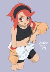 Rule 34 | 1girl, :o, bike shorts, bl happinas, breasts, clenched hands, collarbone, creatures (company), cropped legs, dated, game freak, highres, jacket, midriff, navel, nintendo, open mouth, orange hair, pokemon, pokemon masters ex, red hair, removing jacket, small breasts, sports bra, sweat, tina (pokemon), v-shaped eyebrows