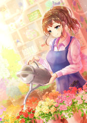 Rule 34 | 1girl, apron, blue eyes, blurry, blurry background, brown hair, dutch angle, florist, flower, lens flare, long sleeves, medium hair, original, pink flower, plant, ponytail, potted plant, scissors, shelf, shirt, smile, solo, watering, watering can, white shirt, yashirupe