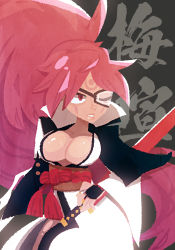 Rule 34 | 1girl, arc system works, baiken, breasts, cleavage, guilty gear, highres, large breasts, long hair, pink eyes, pink hair, ponytail, sword, weapon, zettonamo888