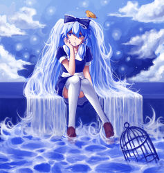 Rule 34 | 1girl, animal, animal on head, bird, bird on head, birdcage, blue dress, blue eyes, blue hair, blue skirt, blue theme, bow, cage, cloud, cloudy sky, dress, hair bow, head rest, highres, knees together feet apart, liquid hair, loafers, long hair, mary janes, matching hair/eyes, on head, pas (paxiti), shoes, sitting, skirt, sky, solo, thighhighs, twintails, very long hair, water, white thighhighs