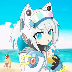 Rule 34 | 1boy, 1girl, android, beach, cup, drink, drinking, drinking glass, drinking straw, headgear, highres, ico (megaman x dive), joints, looking at viewer, mechanical arms, mega man (series), mega man x (series), mega man x dive, robot, robot ears, robot girl, robot joints, single mechanical arm, tagme, water, zero (mega man)