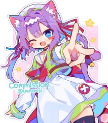 Rule 34 | 1girl, ahoge, animal ear fluff, animal ears, bell, black thighhighs, blue eyes, blush stickers, cat ears, cat girl, cat tail, dress, fang, hair ribbon, hat, highres, jingle bell, long sleeves, looking at viewer, neckerchief, one eye closed, open mouth, original, purple hair, red ribbon, ribbon, sailor collar, sailor dress, skin fang, smile, solo, star (symbol), tail, thighhighs, twintails, twitter username, uenomigi, v, white dress