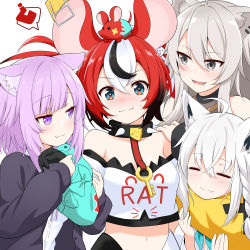 Rule 34 | 4girls, absurdres, ahoge, animal ear fluff, animal ears, bare shoulders, black gloves, black hair, blue eyes, blush, braid, breasts, cat ears, collar, drooling, fang, felutiahime, fox ears, gloves, grey eyes, grey hair, hair between eyes, hakos baelz, highres, hololive, hololive english, lion ears, long hair, long sleeves, looking at viewer, mouse ears, multicolored hair, multiple girls, navel, nekomata okayu, nekomata okayu (oversized shirt), open mouth, purple eyes, purple hair, red hair, shirakami fubuki, shirakami fubuki (1st costume), shirt, shishiro botan, shishiro botan (1st costume), simple background, single braid, small breasts, smile, spiked collar, spikes, streaked hair, twintails, virtual youtuber, white background, white hair, white shirt