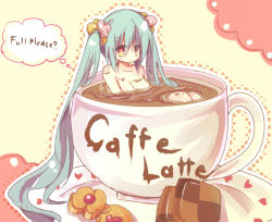 Rule 34 | 1girl, bad id, bad pixiv id, bathing, checkerboard cookie, cookie, cup, food, green hair, hatsune miku, in container, in cup, kanna0, long hair, mini person, minigirl, nude, solo, teacup, thumbprint cookie, twintails, very long hair, vocaloid, yellow eyes