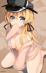 Rule 34 | 10s, 1girl, anchor hair ornament, aqua eyes, bad id, bad pixiv id, blonde hair, blush, breasts, cardigan, checkered floor, cleavage, hair ornament, hands in opposite sleeves, hat, kantai collection, long hair, long sleeves, low twintails, minari (minari37), off shoulder, peaked cap, prinz eugen (kancolle), sitting, sleeves past wrists, solo, sweater, twintails, wariza