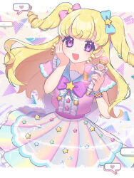 Rule 34 | 1girl, :d, blonde hair, blue bow, bow, center frills, commentary request, cowboy shot, frills, hair bow, hair ornament, hand on own cheek, hand on own face, hands up, heart, idol clothes, idol time pripara, long hair, looking at viewer, open mouth, pink bow, pretty series, pripara, purple bow, purple eyes, ringlets, sakuhana87, smile, solo, sparkle, speech bubble, standing, star (symbol), star hair ornament, star print, two side up, yume kawaii, yumekawa yui