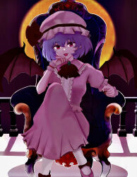 Rule 34 | 1girl, :d, bat wings, black ribbon, chair, fang, full moon, hat, hat ribbon, highres, mob cap, moon, open mouth, outdoors, pink footwear, pink hat, pink shirt, pink skirt, pointy ears, purple hair, red eyes, remilia scarlet, ribbon, shirt, short hair, sitting, skirt, smile, solo, souichi0605, touhou, wings