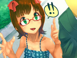 Rule 34 | !, 1girl, amami haruka, bare shoulders, bespectacled, bow, breasts, brown hair, cleavage, glasses, green eyes, hair bow, idolmaster, idolmaster (classic), maitake (loose), open mouth, p-head producer, producer (idolmaster), short hair, smile, solo focus