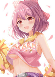Rule 34 | 1girl, :d, bare shoulders, belt, blush, bow, braid, breasts, character name, cheerleader, clothes writing, commentary request, diagonal-striped bow, drawstring, hair between eyes, hair bow, highres, hoshizaki akari, looking at viewer, medium breasts, navel, ongeki, open mouth, pink shirt, pom pom (cheerleading), purple belt, purple hair, red eyes, shirt, simple background, sleeveless, sleeveless shirt, smile, solo, underboob, white background, xenon (for achieve)