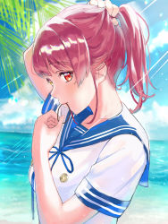 Rule 34 | 1girl, absurdres, alternate costume, beach, blue sky, blush, breasts, closed mouth, cloud, cloudy sky, commentary, day, from side, hair tie in mouth, half updo, heterochromia, highres, hololive, houshou marine, light rays, looking at viewer, medium breasts, medium hair, mouth hold, naruse u, ocean, outdoors, palm tree, ponytail, red eyes, red hair, sailor collar, school uniform, serafuku, shirt, short sleeves, sky, solo, tree, tying hair, upper body, virtual youtuber, white shirt, yellow eyes