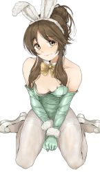 Rule 34 | 1girl, animal ears, breasts, brown hair, collarbone, detached collar, elbow gloves, full body, gatsby ssl, gloves, green gloves, green leotard, hair bun, high heels, highres, idolmaster, idolmaster cinderella girls, leotard, looking at viewer, nipples, one breast out, oversized breast cup, patterned clothing, rabbit ears, sidelocks, single hair bun, sitting, small breasts, solo, takamori aiko, thighhighs, wariza, white thighhighs