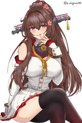 Rule 34 | 1girl, :d, breasts, brown eyes, brown hair, chamumi (mochiumee), cherry blossoms, coat, coat on shoulders, collar, flower, hair flower, hair ornament, headgear, highres, kantai collection, large breasts, long coat, long hair, looking at viewer, metal collar, open mouth, ponytail, sakuramon, skirt, sleeveless, sleeveless coat, smile, solo, twitter username, very long hair, white coat, white skirt, yamato (battleship), yamato (kancolle), yamato kai ni (kancolle)