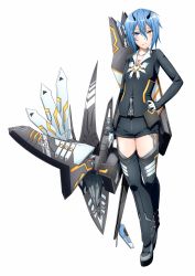 Rule 34 | 1girl, armor, armored boots, arrow (projectile), bakuchiku, black shirt, black shorts, black thighhighs, blue eyes, blue hair, blush, boots, bow (weapon), breasts, collarbone, eyebrows, eyelashes, full body, hair between eyes, hand on own hip, heterochromia, highres, holding, holding bow (weapon), holding weapon, horns, io (pso2), long sleeves, looking at viewer, midriff, oni horns, orange eyes, parted lips, phantasy star, phantasy star online 2, quiver, shin guards, shirt, shoes, short hair, shorts, simple background, small breasts, smile, solo, tattoo, teeth, thighhighs, weapon, white background