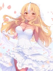 Rule 34 | 1girl, absurdres, blonde hair, blush, breasts, cleavage, commentary request, dark-skinned female, dark skin, dress, elbow gloves, elf, floating hair, fuuna, gloves, hair between eyes, highres, hololive, large breasts, layered dress, long hair, multicolored hair, petals, pleated dress, pointy ears, red eyes, shiranui flare, simple background, solo, strapless, strapless dress, streaked hair, veil, very long hair, virtual youtuber, wedding dress, white background, white gloves, white hair