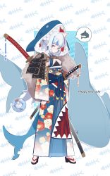 Rule 34 | 1girl, absurdres, adapted costume, alternate costume, animal ear fluff, animal ears, animal hood, armor, bloop (gawr gura), blue eyes, blue hair, breasts, cat ears, cleavage cutout, clothing cutout, ear piercing, earrings, expressionless, fins, fish tail, from side, fur scarf, gawr gura, happy new year, highres, hololive, hololive english, hood, japanese clothes, jewelry, katana, kimono, multicolored hair, multiple weapons, new year, ootachi, piercing, samurai, sandals, shark, shark hood, shark tail, sharp teeth, shoulder armor, sidelocks, small breasts, solo, sword, tail, teeth, two-tone hair, virtual youtuber, weapon, white hair, zanyak