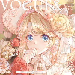 Rule 34 | 1girl, blonde hair, blue eyes, bow, chinese commentary, chinese text, choker, closed mouth, collared shirt, commentary request, cover, dated, earrings, english text, eyelashes, fake magazine cover, floral print, flower, flower earrings, flower in eye, frilled hat, frilled shirt collar, frills, gloves, hand on own chin, hat, hat bow, hat flower, jewelry, light smile, lipstick, long hair, magazine cover, makeup, mioda xi, mixed-language text, neck ribbon, original, pink flower, pink lips, pink rose, red flower, red rose, ribbon, rose, rose print, sample watermark, see-through bow, shirt, solo, sparkle, symbol in eye, upper body, vogue (magazine), watermark, weibo logo, weibo watermark, white bow, white choker, white gloves, white hat, white ribbon, white shirt, yellow flower, yellow rose