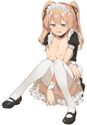 Rule 34 | 1girl, 2l (2lsize), between legs, black footwear, blonde hair, blush, breasts, embarrassed, half-closed eyes, hand between legs, highres, knees together feet apart, knees up, long hair, maid, mary janes, medium breasts, nipples, nose blush, open mouth, original, ribbon-trimmed legwear, ribbon trim, shoes, short sleeves, simple background, sitting, solo, thighhighs, twintails, white background, white thighhighs, wrist cuffs