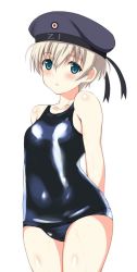 Rule 34 | 10s, 1girl, arms behind back, blonde hair, blue eyes, blush, clothes writing, hat, kantai collection, kyogoku shin, legs together, one-piece swimsuit, personification, sailor hat, school swimsuit, shiny clothes, short hair, solo, swimsuit, water, wet, z1 leberecht maass (kancolle)