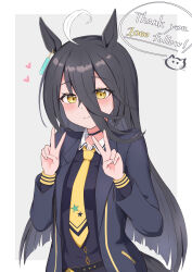 Rule 34 | 1girl, absurdres, ahoge, animal ears, black choker, black hair, black jacket, black shirt, blush, border, choker, closed mouth, collared shirt, commentary request, double v, earrings, english text, hair between eyes, heart, highres, hojichabu, horse ears, horse girl, horse tail, jacket, jewelry, long bangs, long hair, long sleeves, looking at viewer, manhattan cafe (umamusume), necktie, open clothes, open jacket, shirt, single earring, smile, solo, tail, thank you, umamusume, upper body, v, white border, white necktie, yellow eyes