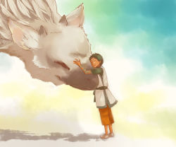 Rule 34 | 1boy, bad id, bad pixiv id, child, chimera (creature), closed eyes, creature, feathers, griffin, horns, hug, male focus, monster, nobicco, shoes, solo, tattoo, the boy (the last guardian), the last guardian, trico, trico (character)