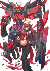 Rule 34 | 1girl, absurdres, black gloves, boots, borrowed character, breasts, brown hair, covered navel, detached sleeves, gloves, hair behind ear, halo, highres, holding, holding lance, holding polearm, holding weapon, horns, lance, long hair, looking at viewer, mecha, mechanical horns, medium breasts, orange eyes, original, pointy ears, polearm, robot, science fiction, smile, thigh boots, thighhighs, visor, weapon, yozhman