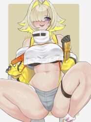 Rule 34 | 1girl, ahoge, artist name, ass, black gloves, black sports bra, blonde hair, blush, breasts, c1nist3r, clothing cutout, crop top, cropped sweater, elegg (nikke), exposed pocket, fang, gloves, goddess of victory: nikke, grey shorts, hair intakes, hair over eyes, highres, large breasts, long bangs, long sleeves, micro shorts, multicolored clothes, multicolored gloves, multicolored hair, navel, open mouth, purple eyes, short hair, shorts, shoulder cutout, skin fang, solo, sports bra, spread legs, squatting, suspender shorts, suspenders, sweatdrop, thigh strap, thighs, tiptoes, two-tone hair, yellow gloves