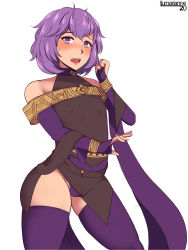 Rule 34 | 1girl, armlet, artist name, bare shoulders, bernadetta von varley, blush, breasts, choker, covered erect nipples, dancer, dress, fire emblem, fire emblem: three houses, flat chest, highres, jewelry, lumarianne20, nintendo, open mouth, panties, purple eyes, purple hair, purple panties, purple thighhighs, simple background, small breasts, solo, thighhighs, underwear, white background, wide hips