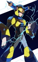 Rule 34 | 1boy, armor, black bodysuit, blue background, bodysuit, breastplate, cardiogram, chikichi, clenched hand, closed mouth, electricity, fuse man, gloves, hand up, helmet, highres, legs apart, male focus, mega man (classic), mega man (series), mega man 11, red eyes, shoulder armor, simple background, solo, standing, vambraces, white gloves, yellow headwear