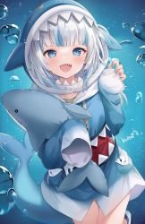 Rule 34 | 1girl, :d, air bubble, animal hood, artist name, blue eyes, blue hair, blue hoodie, blue nails, blush, bubble, commentary, fins, fish tail, gawr gura, gawr gura (1st costume), hand up, highres, hitsukuya, hololive, hololive english, hood, hood up, hoodie, long hair, long sleeves, looking at viewer, multicolored hair, nail polish, open mouth, pinching sleeves, shark hood, shark tail, sharp teeth, signature, sleeves past fingers, sleeves past wrists, smile, solo, streaked hair, stuffed animal, stuffed shark, stuffed toy, tail, teeth, virtual youtuber, water