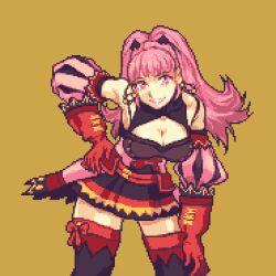Rule 34 | 1girl, bare shoulders, black skirt, black thighhighs, breasts, cleavage, commentary, cowboy shot, detached sleeves, dress, fire emblem, fire emblem: three houses, glaceo, gloves, grin, hand on leg, hand on own hip, hand on own leg, hand on own thigh, hand on thigh, hilda valentine goneril, large breasts, leaning forward, long hair, looking at viewer, nintendo, pink dress, pink eyes, pink hair, pink lips, pixel art, puffy sleeves, red gloves, simple background, skirt, smile, solo, standing, thighhighs, very long hair, yellow background