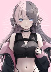 Rule 34 | 1girl, alternate costume, bare shoulders, black choker, black jacket, black panties, black vest, blue eyes, blush, bow, braid, breasts, chest harness, chest strap, choker, cleavage, collarbone, crop top, french braid, grey bow, grey hair, hair bow, harness, highleg, highleg panties, highres, jacket, large breasts, lipstick, long hair, looking at viewer, makeup, multicolored hair, navel, noli-pee (little stupid), off shoulder, open clothes, open jacket, panties, panty straps, parted lips, partially unzipped, pink background, pink bow, pink hair, pink jacket, pink nails, solo, split-color hair, stomach, streaked hair, tachibana hinano (vtuber), two-tone hair, underwear, very long hair, vest, virtual youtuber, vspo!, zipper, zipper pull tab