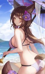 Rule 34 | 1girl, 1yu x, animal ears, ass, back, bare back, bare shoulders, beach, bikini, blue archive, breasts, brown hair, closed mouth, cowboy shot, day, flower, fox ears, fox girl, fox tail, from behind, hair flower, hair ornament, halo, highres, large breasts, long hair, looking at viewer, looking back, median furrow, official alternate costume, oil-paper umbrella, outdoors, smile, solo, standing, string bikini, swimsuit, tail, umbrella, wakamo (blue archive), wakamo (swimsuit) (blue archive), white bikini, yellow eyes