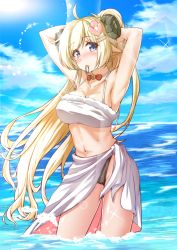 Rule 34 | 1girl, alternate costume, armpits, arms up, blonde hair, blush, breasts, cleavage, collarbone, commentary request, hair ornament, hairclip, haruka kuromiya, highres, hololive, horns, large breasts, long hair, looking at viewer, navel, ocean, purple eyes, sheep horns, sky, solo, standing, swimsuit, tsunomaki watame, virtual youtuber
