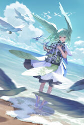 Rule 34 | 1girl, beach, bird, birdcage, blue sky, blurry, blurry foreground, cage, cloud, commentary, day, dress, dutch angle, english commentary, feathered wings, green hair, head wings, highres, medium hair, mt (ringofive), ocean, original, purple eyes, short sleeves, sky, water, wings