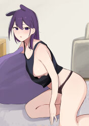 Rule 34 | 1girl, bare arms, black panties, black tank top, breasts, from side, highres, hololive, hololive english, kneeling, koupi (ku roiko), ku roiko, long hair, looking at viewer, looking to the side, medium breasts, open mouth, panties, personification, purple eyes, purple hair, sideboob, solo, takodachi (ninomae ina&#039;nis), tank top, underwear, virtual youtuber