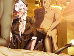 Rule 34 | 1girl, 2boys, age difference, all fours, ass, azur lane, bed sheet, belfast (azur lane), black pantyhose, blush, braid, breasts, business suit, closed eyes, clothed female nude male, crown braid, cum, cum in mouth, cum overflow, doggystyle, formal, hand on another&#039;s head, head out of frame, hetero, high heels, highres, indoors, large breasts, long hair, multiple boys, nude, on bed, pantyhose, sex, sex from behind, shoes, sleeves rolled up, spitroast, suit, tears, torn clothes, torn pantyhose, white hair, wing collar
