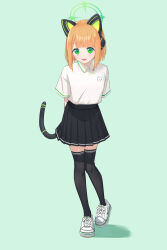 Rule 34 | 1girl, absurdres, animal ear headphones, blonde hair, blue archive, breasts, cat ear headphones, cat tail, fake animal ears, green background, green eyes, headphones, highres, looking at viewer, midori (blue archive), miniskirt, shirt, shoes, short hair, sjuno, skirt, small breasts, solo, t-shirt, tail