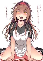 Rule 34 | 1girl, absurdres, ahoge, apron, black footwear, black shirt, blush, breasts, brown eyes, brown hair, candy, chocolate, chocolate heart, closed mouth, collarbone, food, hair between eyes, hair flaps, hairband, heart, highres, kantai collection, kuromayu, large breasts, long hair, mouth hold, red hairband, shiratsuyu (kancolle), shiratsuyu kai ni (kancolle), shirt, shoes, short sleeves, simple background, sitting, smile, socks, solo, translation request, valentine, wariza, white apron, white background, white socks