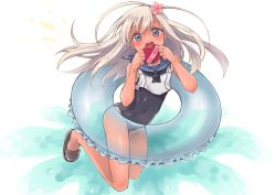 Rule 34 | 10s, 1girl, blonde hair, blue eyes, box, covered navel, crop top, flower, full body, hair flower, hair ornament, heart, innertube, kantai collection, long hair, looking at viewer, one-piece tan, open mouth, ro-500 (kancolle), sailor collar, sandals, school swimsuit, see-through, solo, suiki isuka, swim ring, swimsuit, swimsuit under clothes, tan, tanline