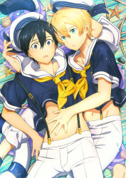 Rule 34 | 2boys, black hair, blonde hair, blush, boots, unworn boots, commentary request, eugeo, eyelashes, fcc (fengcheche), unworn footwear, green eyes, hair between eyes, hand on another&#039;s stomach, highres, kirito, lying, male focus, multiple boys, navel, official style, on back, pants, parted lips, rope, seashell, shell, short sleeves, starfish, suspenders, sword art online, white pants, yaoi