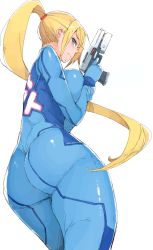 Rule 34 | 1girl, ass, blonde hair, bodysuit, breasts, from behind, frown, green eyes, gun, highres, large breasts, metroid, mole, mole under mouth, nintendo, ponytail, samus aran, shiny clothes, sketch, solo, thighs, weapon, whoosaku, zero suit