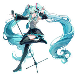 Rule 34 | 1girl, :d, ahoge, aqua eyes, aqua hair, aqua nails, aqua necktie, black footwear, black skirt, black sleeves, blush, boots, collared shirt, commentary, crossed bangs, detached sleeves, fingernails, grey shirt, hair between eyes, hair ornament, hand up, hatsune miku, headphones, highres, holding, holding microphone stand, leg up, long hair, looking at viewer, microphone, microphone stand, nail polish, necktie, open mouth, pleated skirt, savi (byakushimc), shirt, simple background, skirt, sleeveless, sleeveless shirt, smile, solo, sparkling eyes, thigh boots, tie clip, twitter username, very long hair, vintage microphone, vocaloid, waving, white background