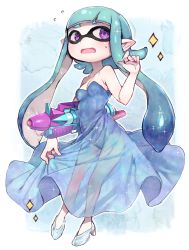 Rule 34 | 1girl, blush, breasts, carrying, carrying under arm, cleavage, dress, flying sweatdrops, glass slipper, highres, holding, holding weapon, inkling, inkling girl, inkling player character, long hair, nekometaru, nintendo, open mouth, pointy ears, see-through, small breasts, solo, sparkle, splatoon (series), splatoon 1, sweatdrop, tagme, tentacle hair, very long hair, weapon