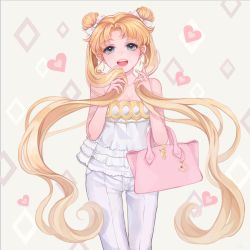 Rule 34 | +1 (yakusoku0722), 1girl, :d, adapted costume, aqua eyes, bag, bare shoulders, bishoujo senshi sailor moon, blonde hair, charm (object), contemporary, crescent moon symbol, double bun, earrings, hair bun, handbag, highres, holding, holding own hair, jewelry, long hair, looking at viewer, open mouth, pants, parted bangs, simple background, smile, solo, teeth, thigh gap, tsukino usagi, twintails, very long hair, white pants