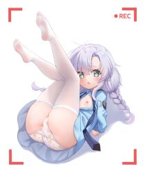 Rule 34 | 1girl, absurdres, animal print, arms behind back, ass, azur lane, blue dress, blue eyes, blue neckerchief, blush, bra, braid, breasts, cameltoe, chinese commentary, cleft of venus, commentary request, dress, feet, full body, highres, legs up, long hair, long sleeves, looking at viewer, lying, manjuu (azur lane), neckerchief, necktie, nipples, no shoes, official alternate costume, ognevoy (azur lane), ognevoy (blue nova) (azur lane), on back, open mouth, panties, print panties, purple hair, qian hen, recording, simple background, small breasts, soles, solo, thighhighs, toes, twin braids, underwear, undone necktie, viewfinder, white background, white bra, white panties, white thighhighs