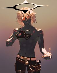 Rule 34 | 1boy, belt, blonde hair, blue skin, colored skin, spiked halo, fingerless gloves, gloves, guilty gear, guilty gear strive, halo, happy chaos, highres, looking at viewer, medium hair, sunglasses, tinted eyewear, topless male
